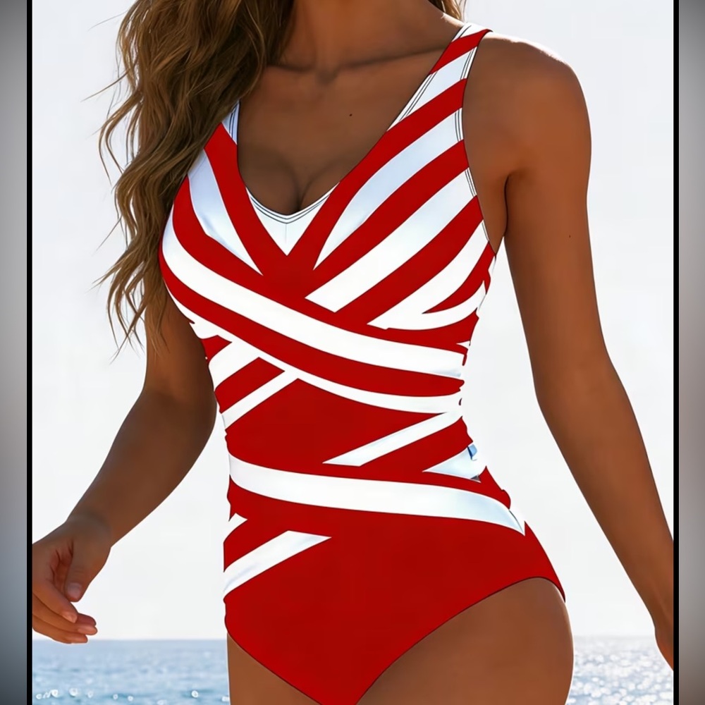 Women’s Red & White Striped V-Neck One-Piece Swimsuit